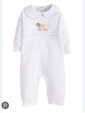 Little English One-Piece Playsuit with Blue Trim & Crochet Embroidered Lamb